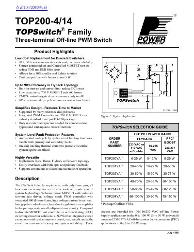 Power Integrations TOP200-4/14 Integrated PWM Switch Datasheet - cover page