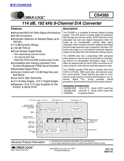 CIRRUS LOGIC CS4385 114 dB 192 kHz 8-Channel D/A Converter handbook(1) - cover page
