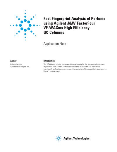 Agilent Fast Fingerprint Analysis of Perfume using 0.15 mm VF-WAXms GC Columns - cover page