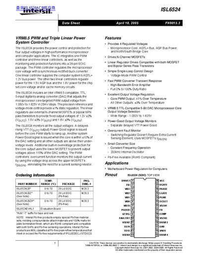 Intersil ISL6524 VRM8.5 PWM and Triple Linear Power System Controller Datasheet - cover page