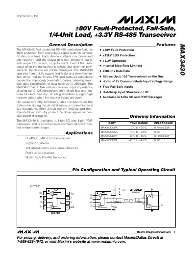 Maxim MAX3430 RS-485 Transceiver Datasheet - cover page