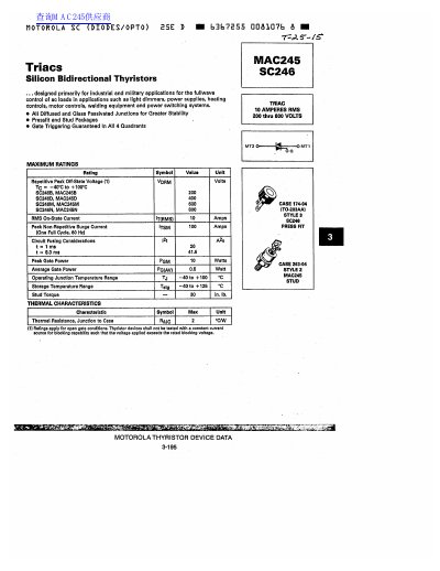 Motorola MAC245/SC246 Silicon Bidirectional Thyristors Datasheet - cover page