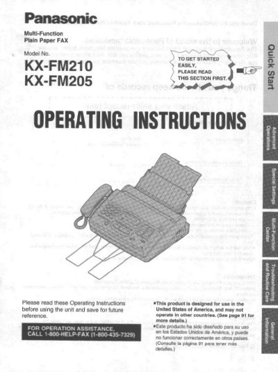 Panasonic KX-FM210/KX-FM205 Multi-Function Plain Paper FAX Operating Instructions - cover page
