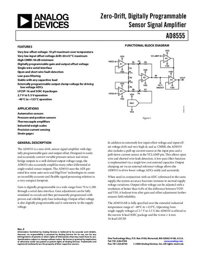 Analog Devices AD8555 Zero-Drift Digitally Programmable Sensor Signal Amplifier Handbook - cover page