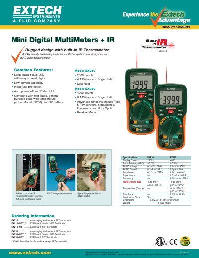EXTECH EX210/EX230 Mini Digital Multimeter + IR Thermometer Product Datasheet