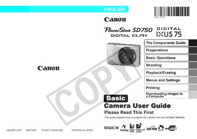 Canon PowerShot SD750 Digital Camera User Manual - cover page