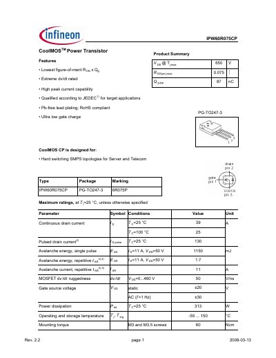 Infineon IPW60R075CP CoolMOS CP Power Transistor Datasheet - cover page
