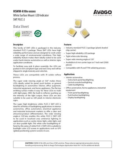 AVAGO TECHNOLOGIES HSMW-A10x-xxxxx White Surface Mount LED Indicator SMT PLCC-2 Manual - cover page