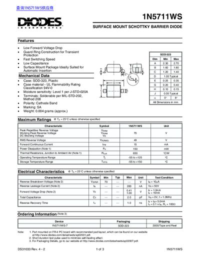 Diodes Incorporated 1N5711WS Surface Mount Schottky Barrier Diode Datasheet - cover page