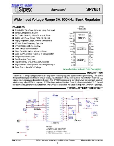 Sipex SP7651 Wide Input Voltage Range Buck Regulator Datasheet - cover page