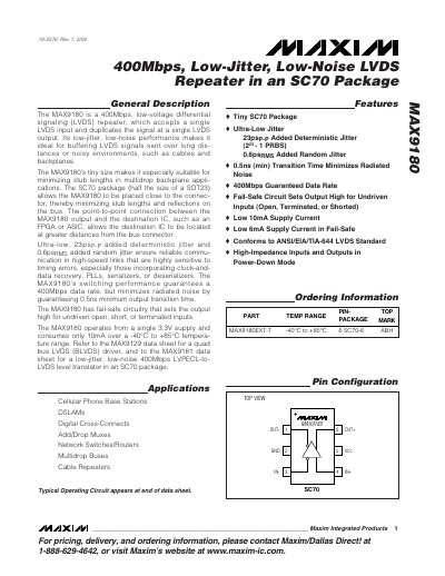 Maxim MAX9180 LVDS Repeater Datasheet - cover page