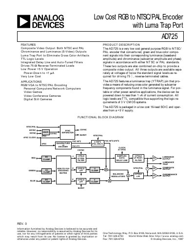 Analog Devices AD725 RGB to NTSC/PAL Encoder Datasheet - cover page
