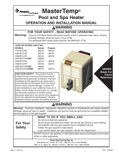 Pentair MasterTemp 460792-460805 Pool and Spa Heater Operation and Installation Manual - cover page