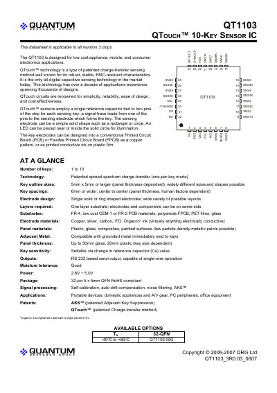 Quantum QT1103 10‑Key Sensor IC Datasheet - cover page