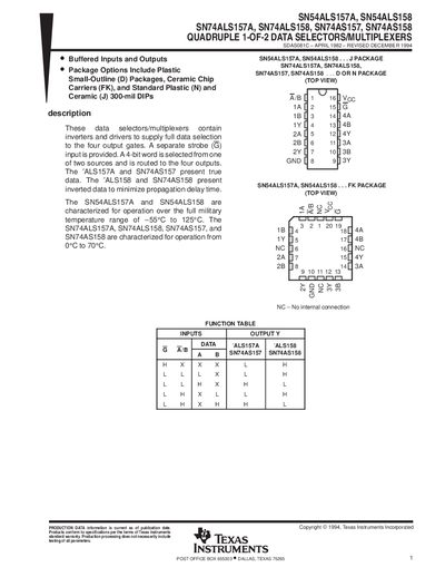 TEXAS INSTRUMENTS SN54ALS157A SN54ALS158 SN74ALS157A SN74ALS158 SN74AS157 SN74AS158 - cover page