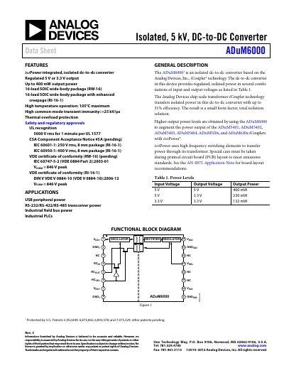 Analog Devices ADuM6000 Isolated DC-DC Converter Data Sheet - cover page
