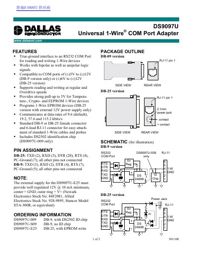 Dallas Semiconductor DS9097U Universal 1-Wire COM Port Adapter Datasheet - cover page