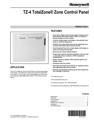 Honeywell TZ-4 TotalZone Zone Control Panel User Manual - cover page