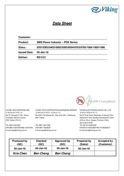 Viking Tech PCD Series SMD Power Inductor Data Sheet