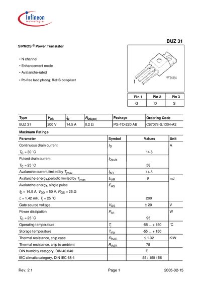 Infineon BUZ31 Power Transistor Datasheet - cover page