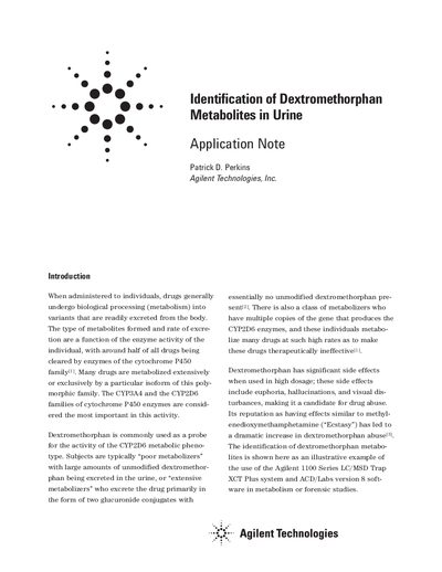 Identification of Dextromethorphan Metabolites in Urine Application Note - cover page