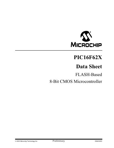 Microchip PIC16F62X 8‑Bit CMOS Microcontroller Datasheet - cover page