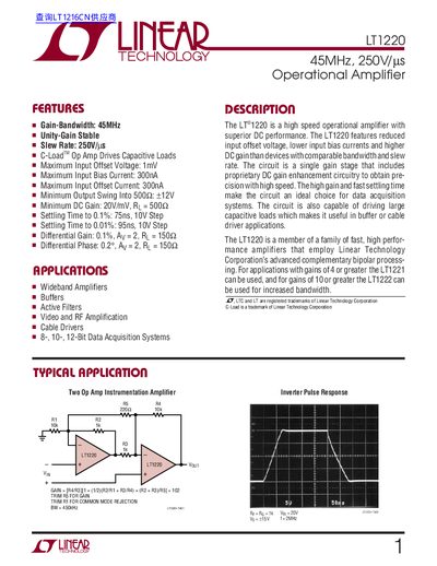Linear Technology LT1220 Operational Amplifier Datasheet - cover page