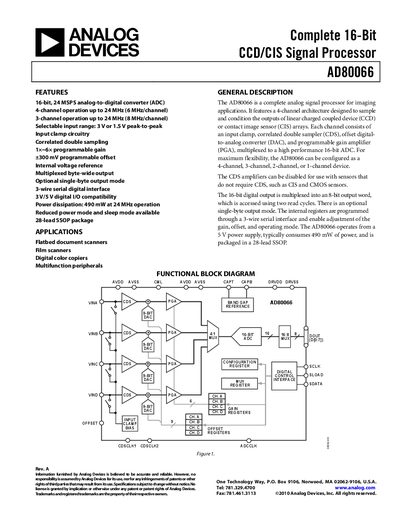 Analog Devices AD80066 16‑Bit CCD/CIS Signal Processor Datasheet - cover page