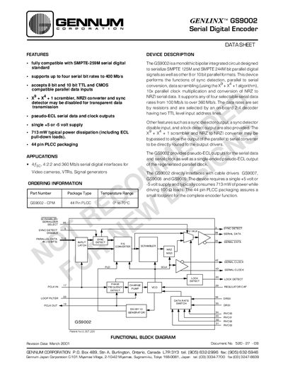 Gennum GS9002 Serial Digital Encoder Datasheet - cover page