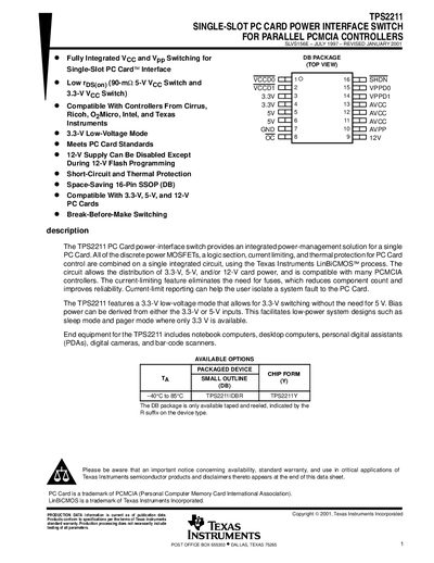 Texas Instruments TPS2211 Single-Slot PC Card Power Interface Switch Datasheet - cover page