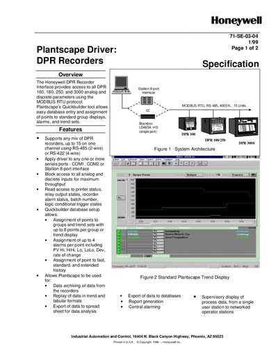 Honeywell MZ-NTIF22 DPR Recorder Interface Datasheet - cover page