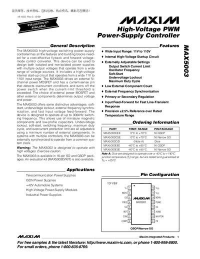 Maxim Integrated MAX5003 High-Voltage PWM Power‑Supply Controller Datasheet - cover page