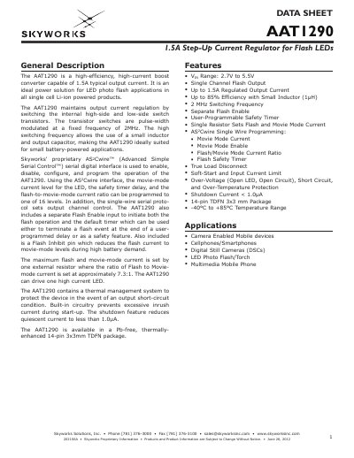 Skyworks AAT1290 1.5A Step-Up Current Regulator Datasheet - cover page