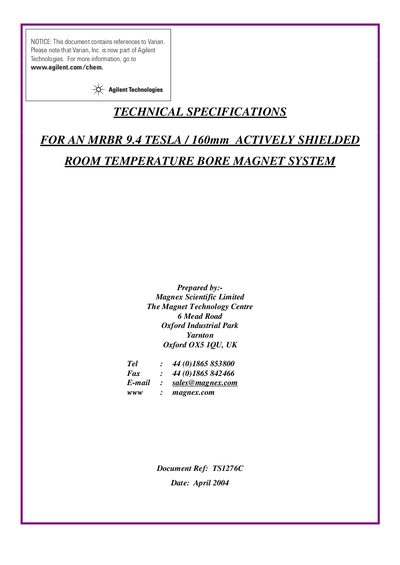 Magnex MRBR 9.4T Actively Shielded Magnet Technical Specifications