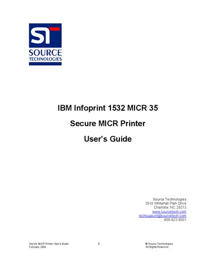 Source Technologies Infoprint 1532 MICR 35 Secure MICR Printer User Manual - cover page