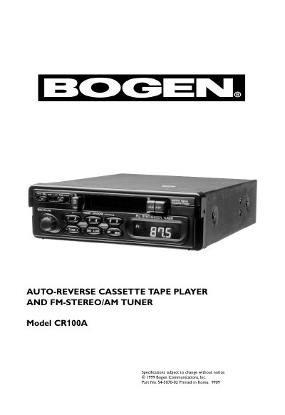 Bogen CR100A Cassette Tape Player and FM/AM Tuner User Manual - cover page