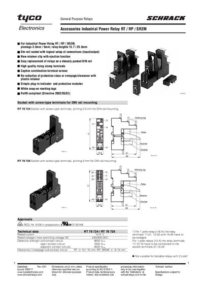 Tyco SCHRACK General Purpose Relays RT RP SR2M Datasheet - cover page