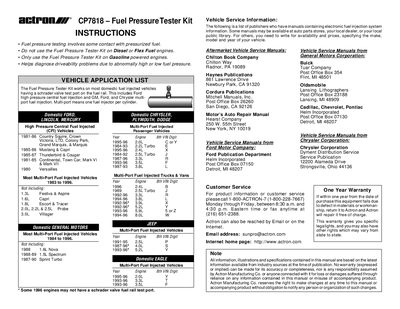 Actron CP7818 Fuel Pressure Tester Kit Instructions - cover page
