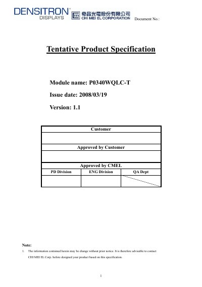 Densitron P0340WQLC-T OLED Module Tentative Product Specification - cover page