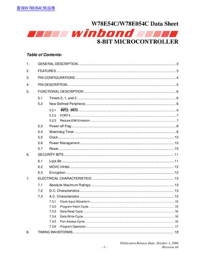 Winbond W78E54C/W78E054C 8-bit Microcontroller Datasheet - cover page