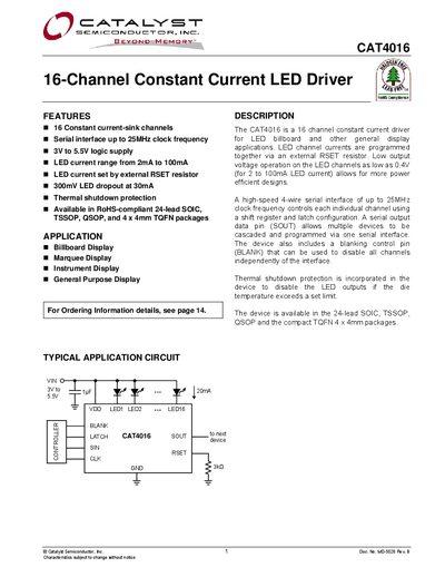Catalyst CAT4016 16-Channel Constant Current LED Driver Datasheet - cover page