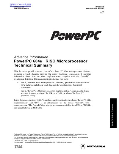 Motorola MPC604e PowerPC RISC Microprocessor Technical Summary - cover page