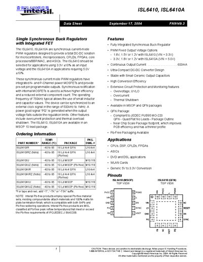 Intersil ISL6410/ISL6410A Single Synchronous Buck Regulator Datasheet - cover page