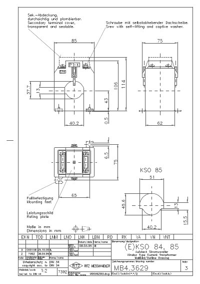 RITZ KSO 84, 85 Window Type Current Transformer Technical Data - cover page