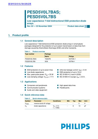 PHILIPS PESD5V0L7BAS; PESD5V0L7BS Low capacitance 7-fold bidirectional ESD protection diode arrays handbook - cover page