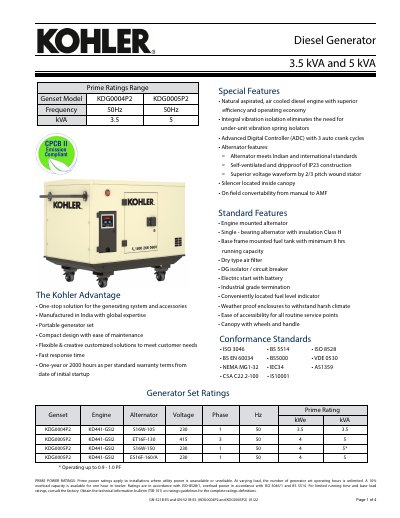 Kohler GN-521B-ES Diesel Generator Datasheet - cover page