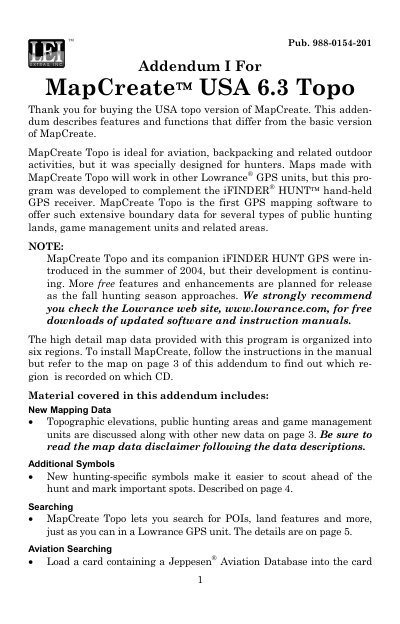 Lowrance MapCreate USA 6.3 Topo Addendum I User Manual