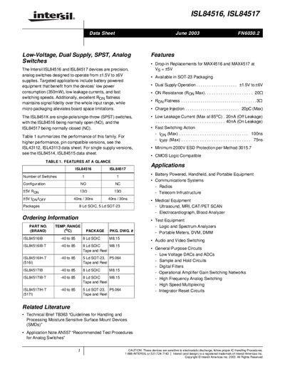 Intersil ISL84516 ISL84517 Analog Switch Datasheet - cover page