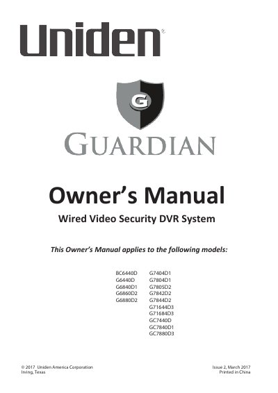Uniden Guardian Video Security DVR System BC6440D Owner’s Manual - cover page
