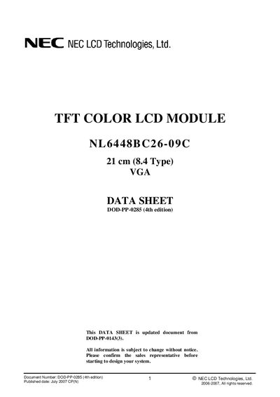 NEC NL6448BC26-09C TFT Color LCD Module Datasheet